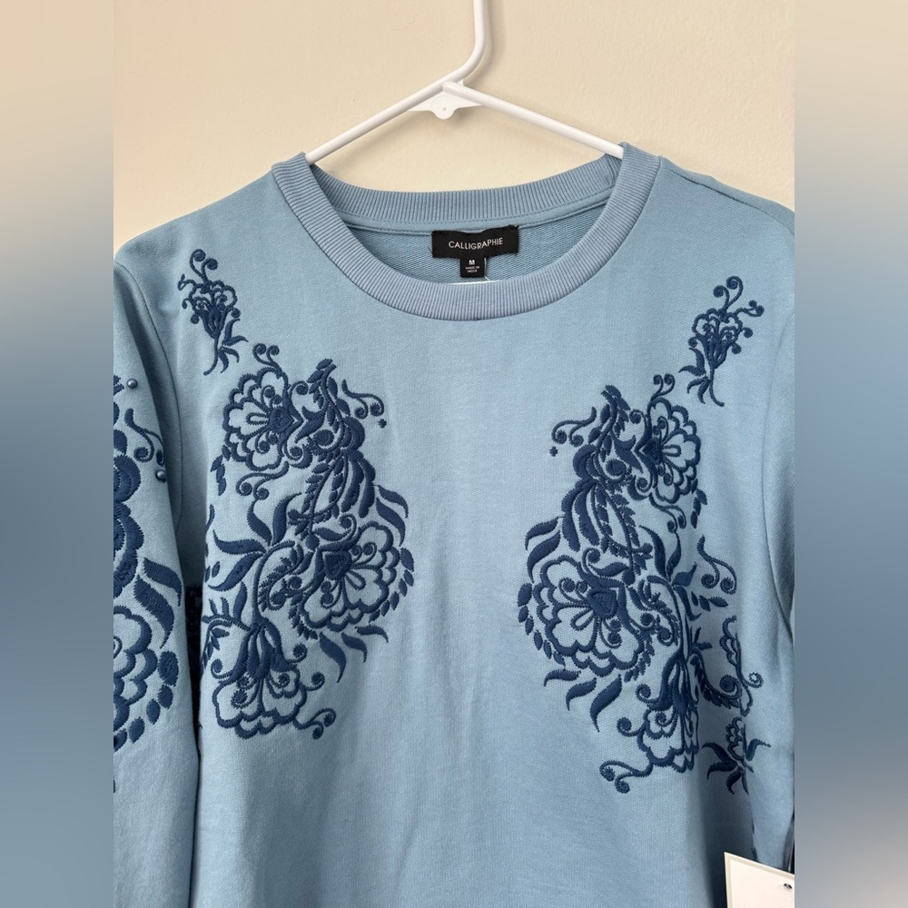 Floral Embroidery Women's Long Sleeve Sweatshirt Pullover Blue Top (new) - Picture 5 of 8